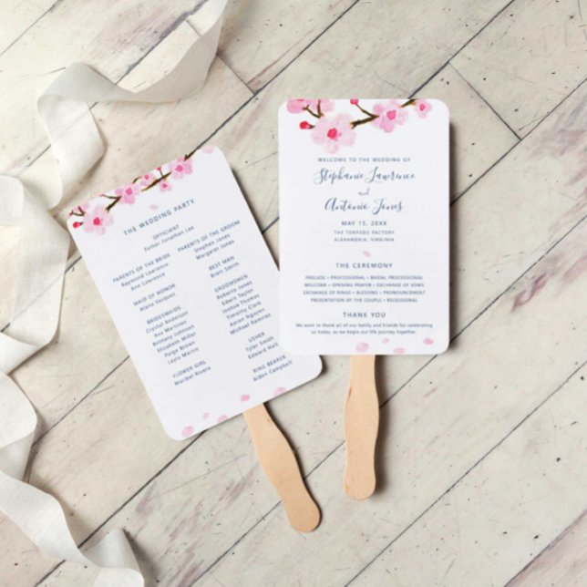 Pink Cherry Blossoms Wedding Program Hand Fan (Creator Uploaded)