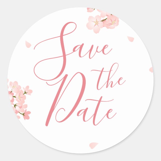 Pink Cherry Blossoms Wedding Save the Date Classic Round Sticker (Front)