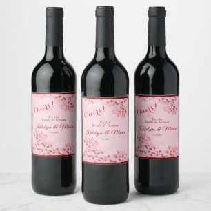 Pink Cherry Blossoms Wedding Wine Label
