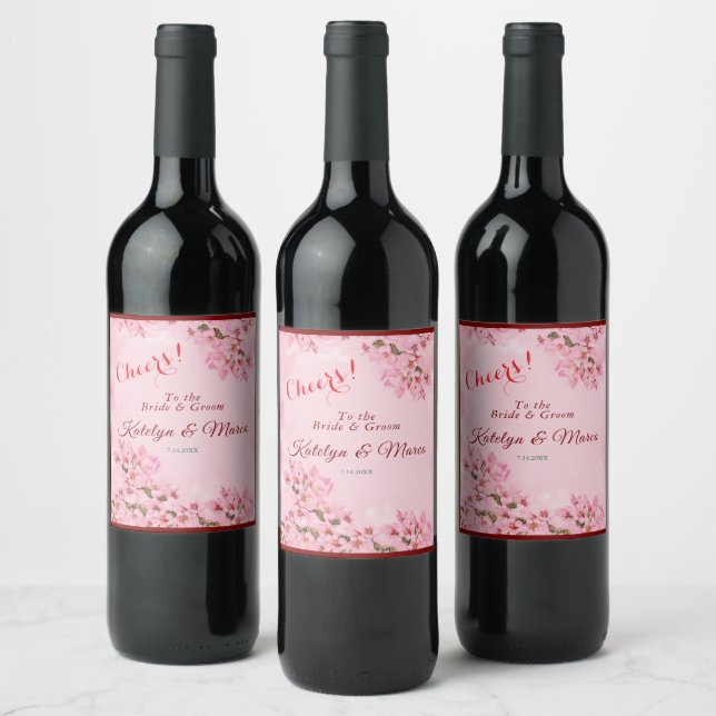 Pink Cherry Blossoms Wedding  Wine Label (Bottles)