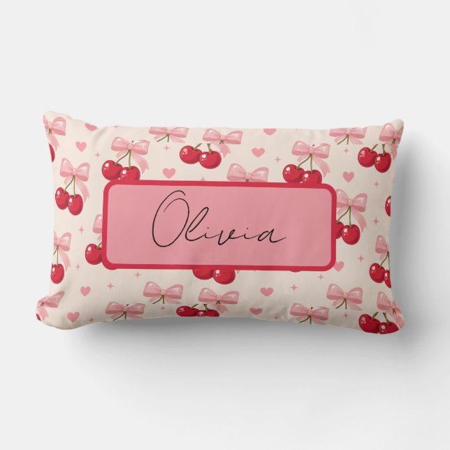 Pink Cherry Bow Coquette Throw Pillow (Front)