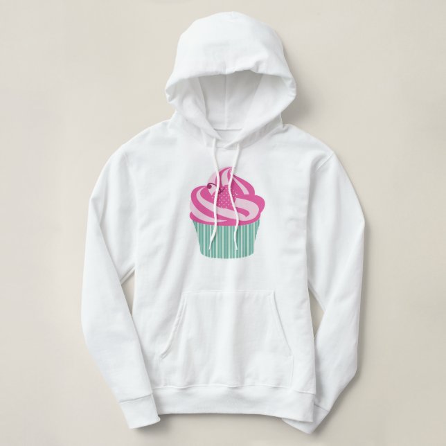 Pink Cherry Cupcake with Green Stripes Hoodie (Design Front)
