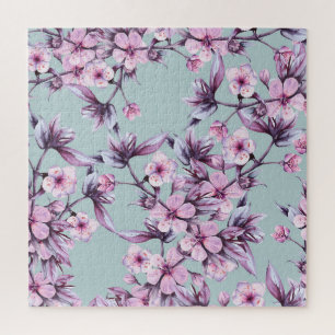 Pink cherry flowers: watercolor background branch jigsaw puzzle
