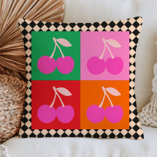 Pink Cherry Fruits on Chequered Pattern Pop Art Cushion