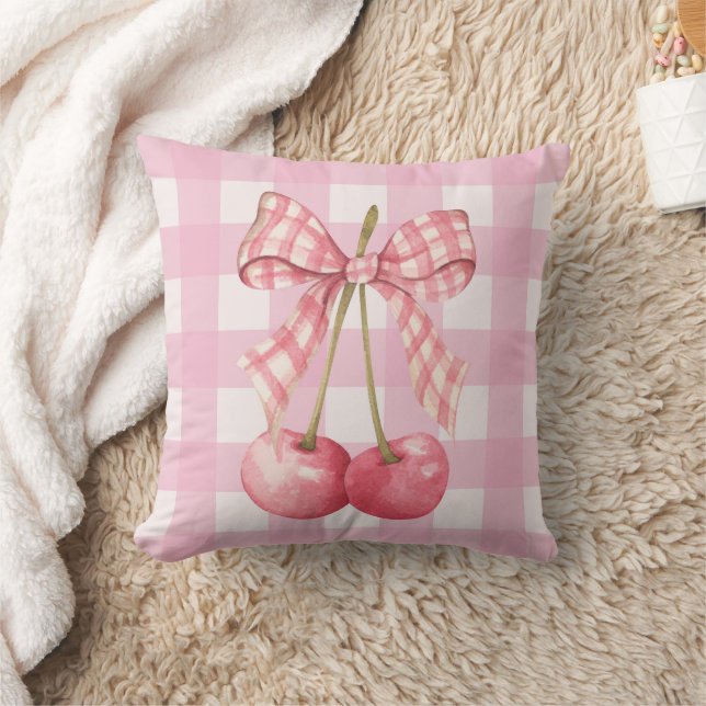 Pink Cherry Gingham Coquette Bow  Cushion (Blanket)