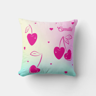 Pink Cherry Hearts Whimsical Cute Rainbow Name Cushion