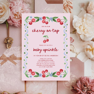 Pink Cherry on Top Whimsical Vintage Baby Sprinkle Invitation