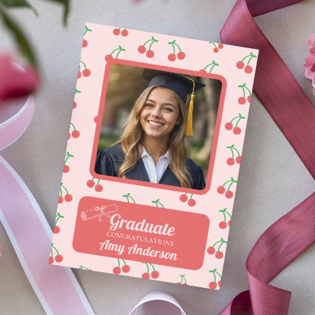 Pink Cherry Photo Fun Cute Graduation Card (Creator Uploaded)