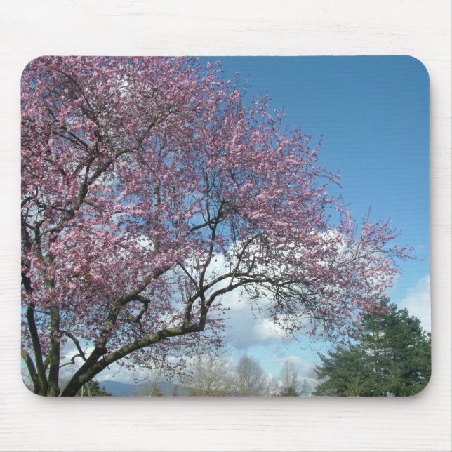 Pink cherry tree and blue sky, white clouds mouse pad (Front)