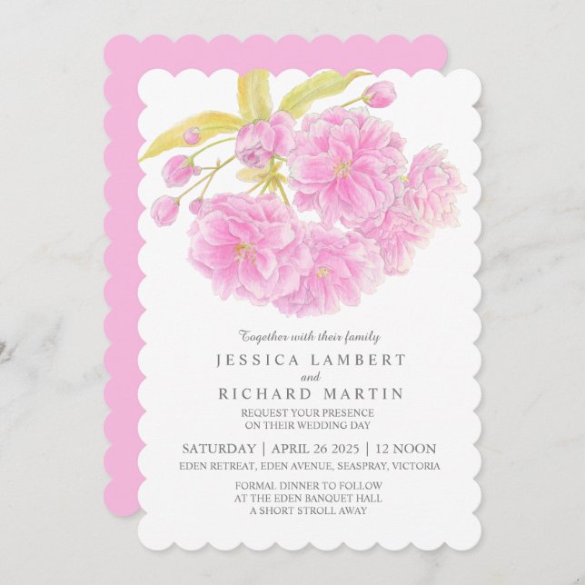 Pink cherry tree blossom watercolor wedding  invitation (Front/Back)
