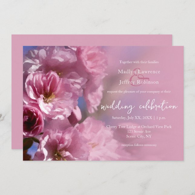 pink cherry tree blossoms spring wedding invitation (Front/Back)