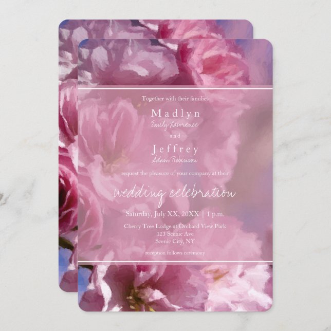 pink cherry tree blossoms spring wedding invitation (Front/Back)