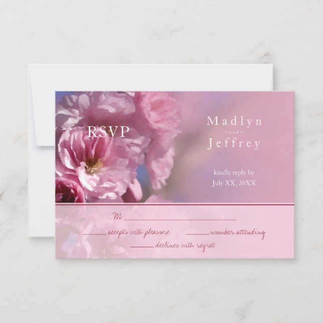 pink cherry tree blossoms spring wedding RSVP card (Front)