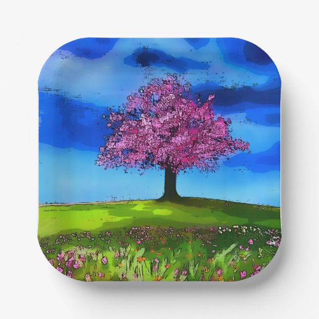 Pink Cherry Tree Paper Plate (Front)