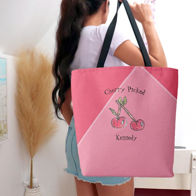 Pink Cherry Trendy Modern Cute Kitschy Fun Name Tote Bag (Creator Uploaded)