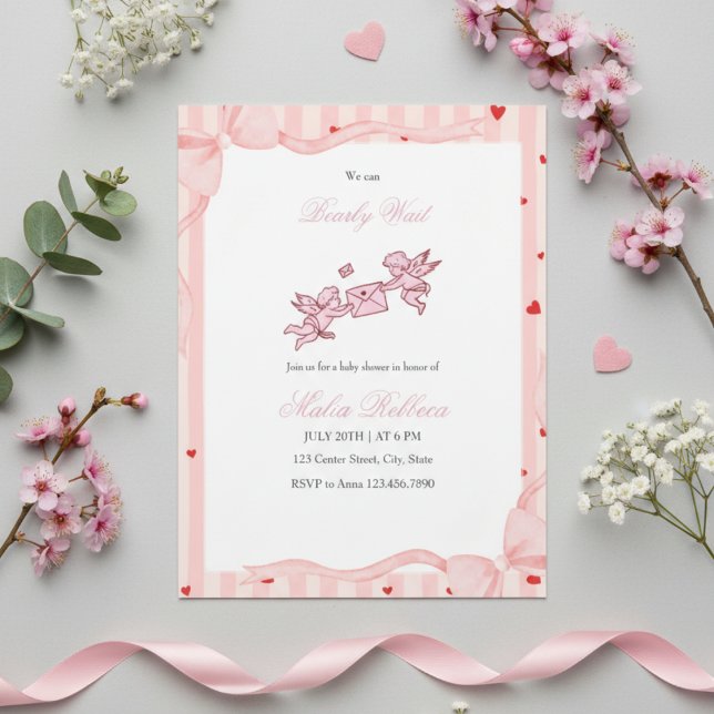  Pink Cherub Bearly Wait Baby Shower Invitation (Creator Uploaded)