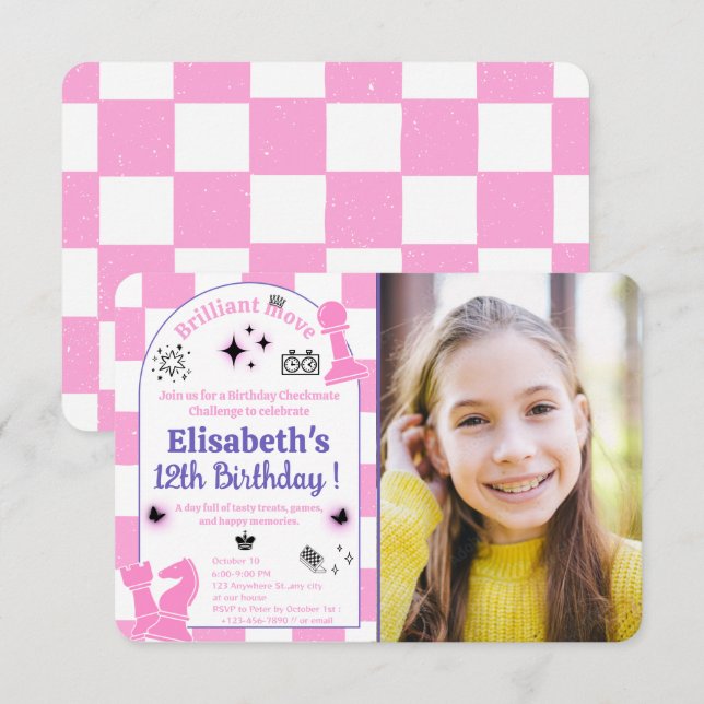 Pink Chess Birthday Party For Girls with Photo  Invitation (Front/Back)