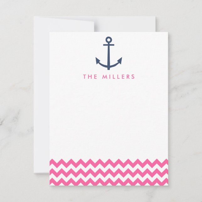 Pink Chevron Anchor Monogram Stationery Invite (Front)