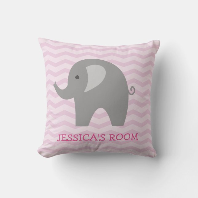 Pink chevron and cute grey elephant nursery pillow (Front)
