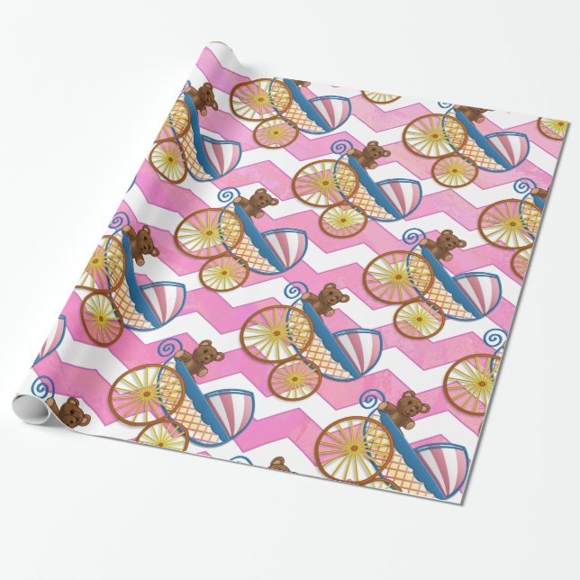 Pink Chevron Baby Carriage Pattern Wrapping Paper (Unrolled)