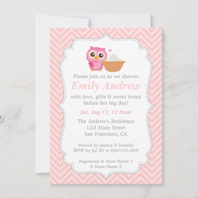 Pink Chevron, Cute Owl Baby Shower Invitation (Front)