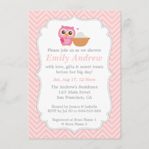 Pink Chevron, Cute Owl Baby Shower Invitation