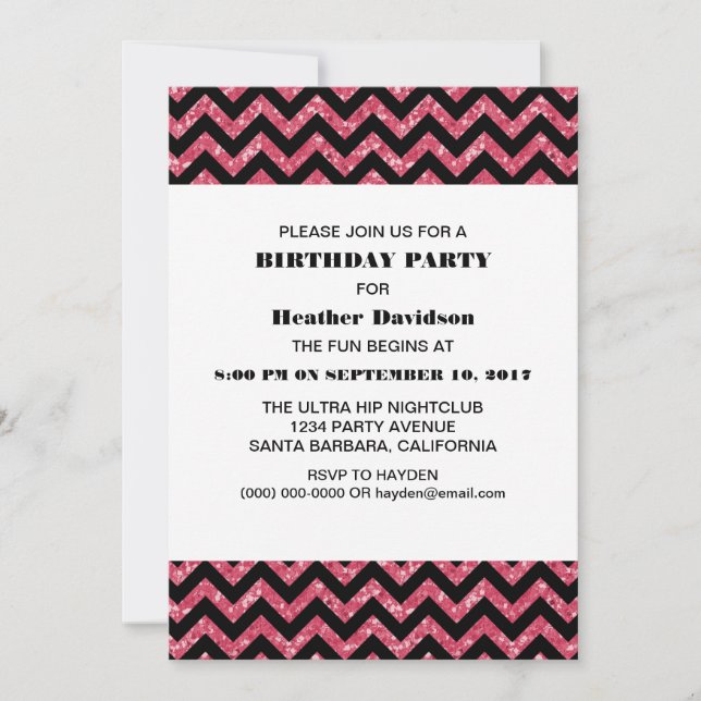 Pink Chevron Glitter Birthday Party Invite (Front)