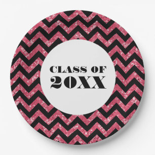 Pink Chevron Glitter Graduation Paper Plates