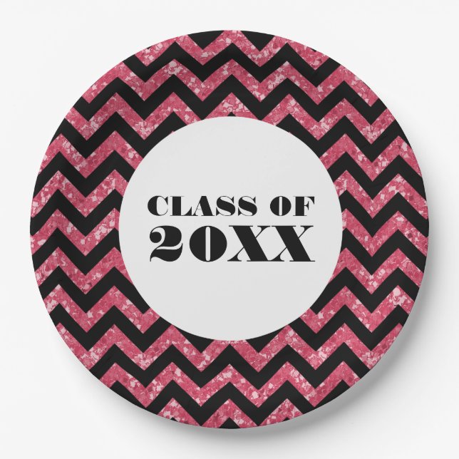 Pink Chevron Glitter Graduation Paper Plates (Front)