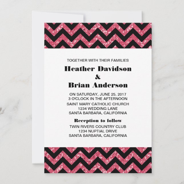 Pink Chevron Glitter Wedding Invite (Front)