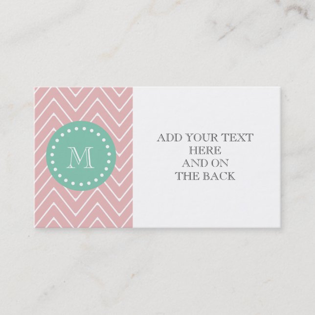 Pink Chevron Pattern | Mint Green Monogram Business Card (Front)