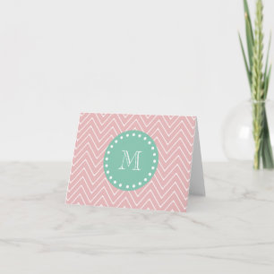 Pink Chevron Pattern Mint Green Monogram Note Card