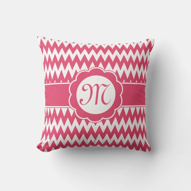 Pink Chevron Pattern & Monogram Flower Cushion (Front)