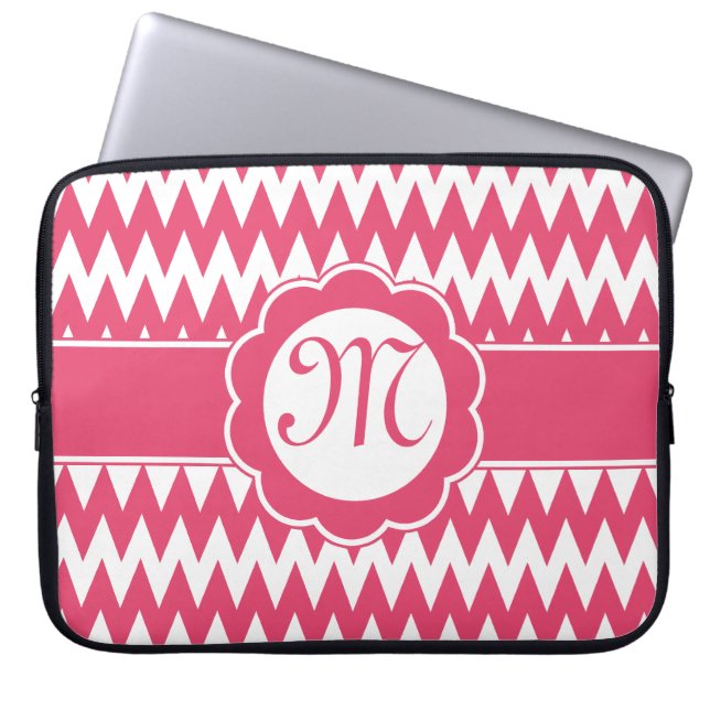 Pink Chevron Pattern & Monogram Flower Laptop Sleeve (Front)