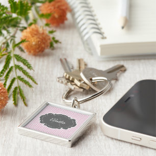 Pink Chevron Personalised Button Keychain