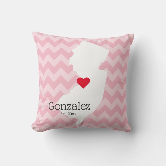 Pink Chevron Personalised New Jersey Family Name Cushion (Front)