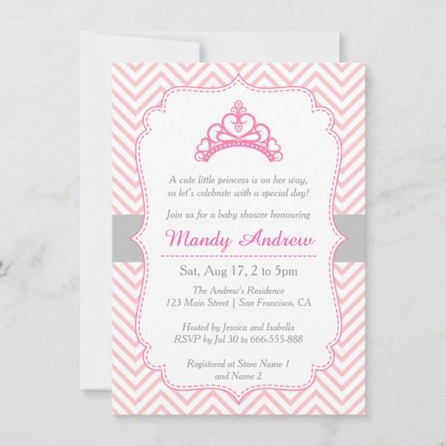 Pink Chevron, Princess Crown, Girl Baby Shower Invitation (Front)