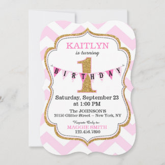 Pink Chevron Print Gold Glitter First Birthday Invitation