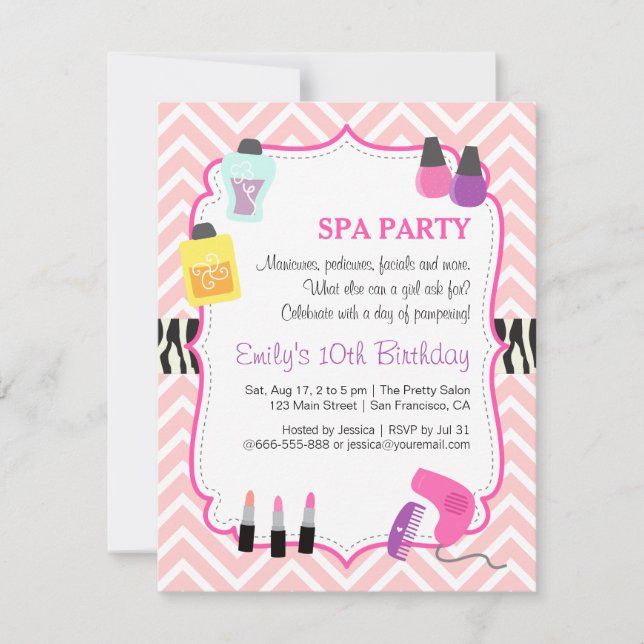 Pink Chevron, Spa Birthday Party Invitation (Front)