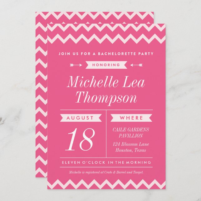 Pink Chevron Stylish Bachelorette Invitations (Front/Back)