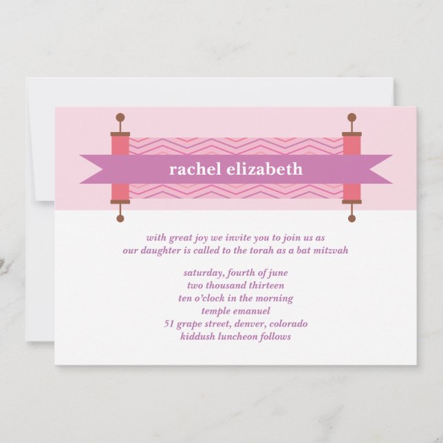 Pink Chevron Torah Bat Mitzvah Invitation (Front)