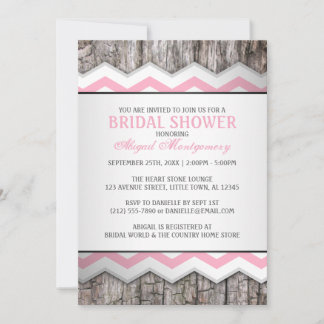 Pink Chevron & Wood Rustic Bridal Shower Invitation