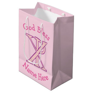 Pink Chi Ro Christian Cross on Pink Personalised Medium Gift Bag