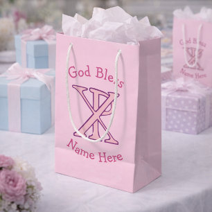 Pink Chi Ro Christian Cross on Pink Personalised Small Gift Bag