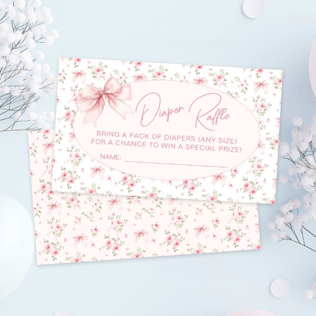 Pink Chic Bow Roses Baby Girl Shower Diaper Raffle Enclosure Card (Creator Uploaded)