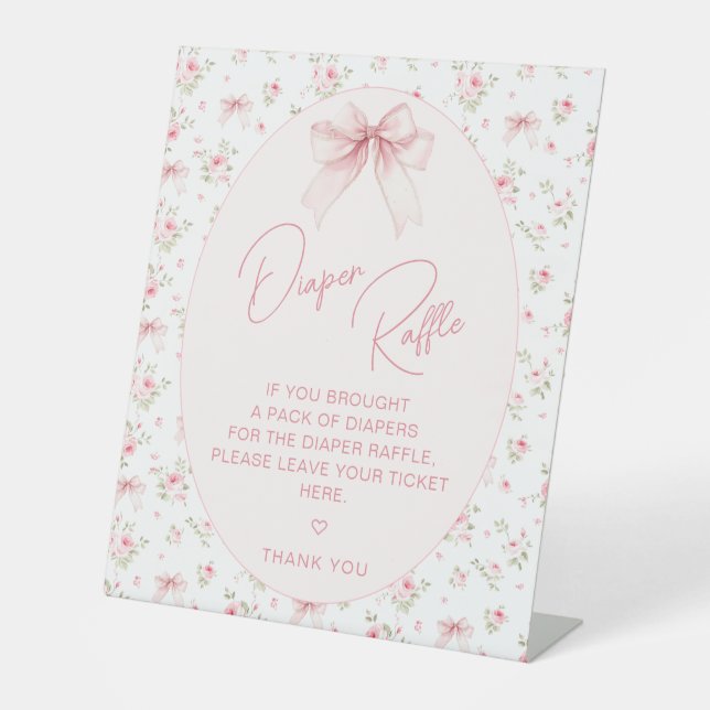 Pink Chic Bow Roses Baby Girl Shower Diaper Raffle Pedestal Sign (Front)