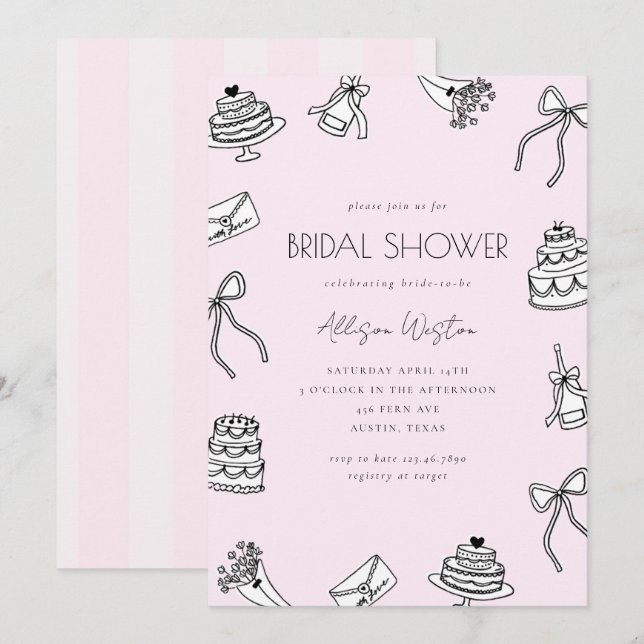 Pink Chic Bows Cakes and Champagne Bridal Shower Invitation (Front/Back)