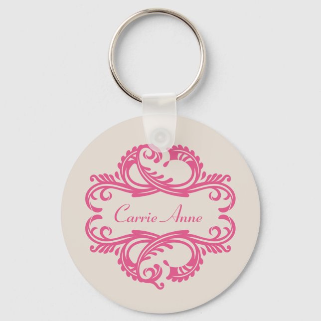 Pink Chic Damask Keychain (Front)