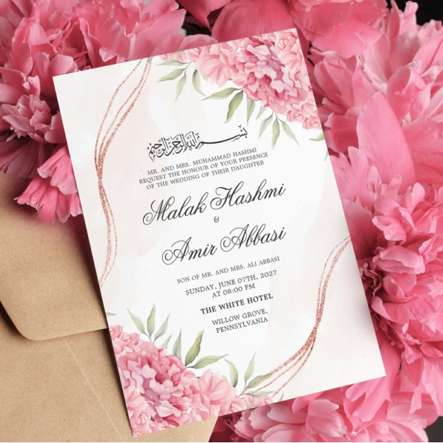 Pink Chic Floral and leaf Islamic Muslim Wedding  Invitation (Creator Uploaded)