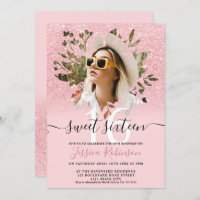 Pink chic glitter ombre photo floral Sweet 16